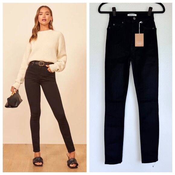 NWT Reformation Harper Ultra High-Rise Skinny Jeans in Black Wash Size 23